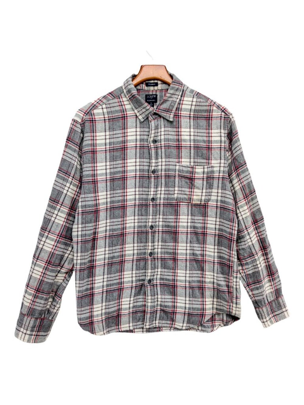 J.CREW Classic Flannel Shirt Mens Grey Red Long Sleeve Button Cotton Down Size L